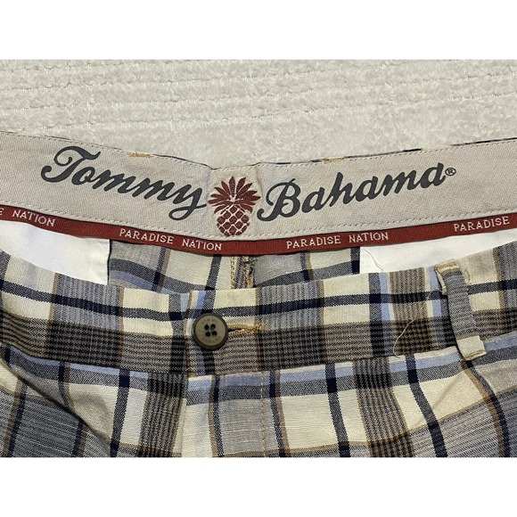 Tommy Bahama Paradise Nation Zip Flat Front Linen Silk Shorts Men 40 Tan Plaid‎ - Picture 3 of 8
